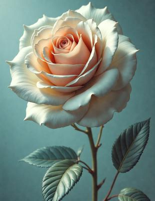 The primary subject of the image is a single white rose with a pink center, sitting on a green leaf. The rose is the focal point of the image, and it is placed against a blue background. The visual style of the image is a close-up of the rose, showcasing its details and beauty. The colors in the image are predominantly white and green, with the pink center of the rose adding a touch of warmth and vibrancy to the scene. The overall atmosphere of the image is ser
